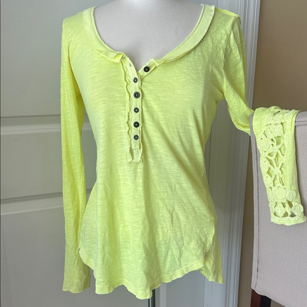 Free People Neon Yellow Long Sleeve Henley Top